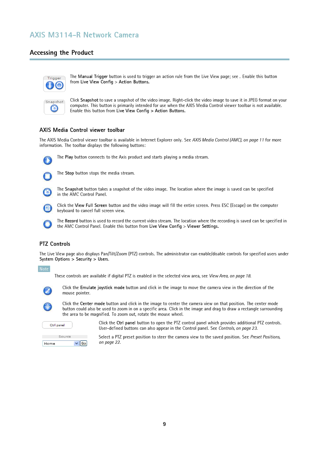 Axis Communications M3114-R user manual Axis Media Control viewer toolbar, PTZ Controls 