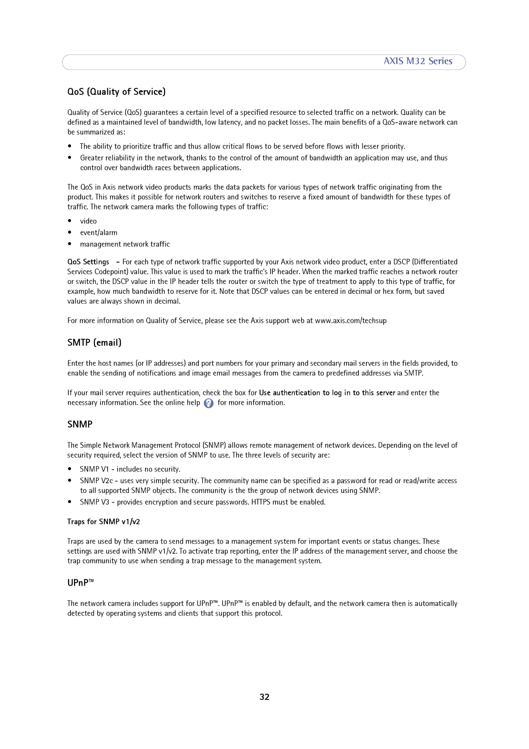 Axis Communications M3204-V, M3203-V user manual QoS Quality of Service, Smtp email, UPnP, Traps for Snmp v1/v2 