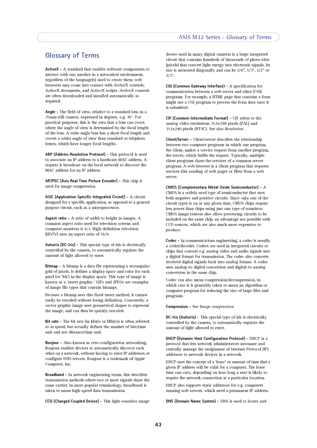 Axis Communications M3203-V, M3204-V user manual Glossary of Terms, CCD Charged Coupled Device This light-sensitive image 