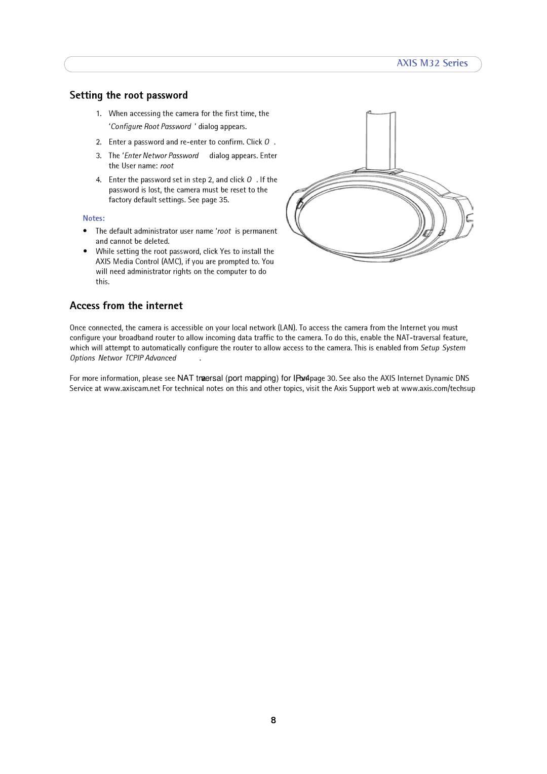 Axis Communications M3204-V, M3203-V user manual Setting the root password, Access from the internet 