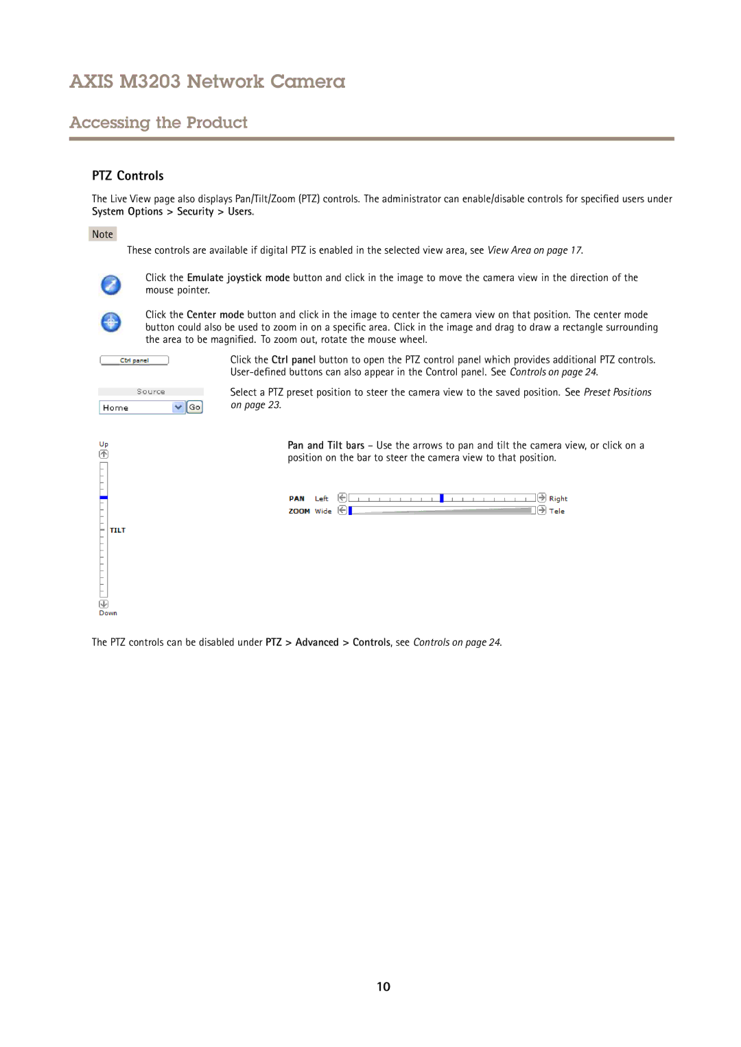 Axis Communications M3203 user manual PTZ Controls 