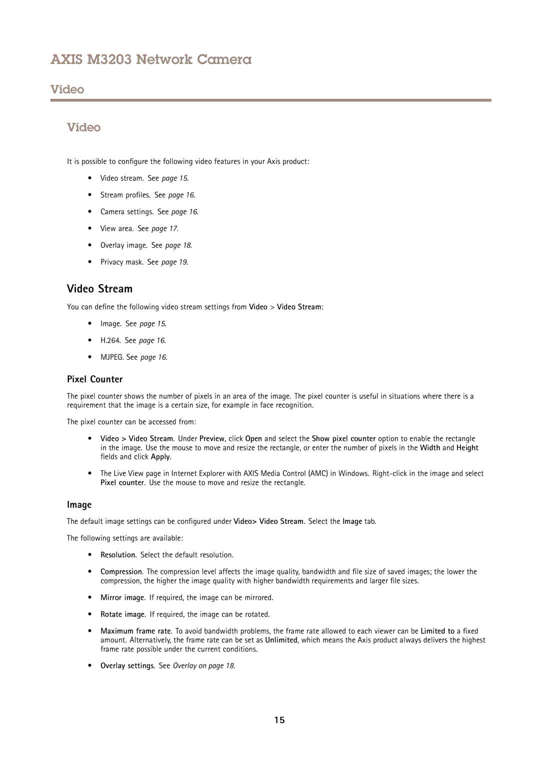 Axis Communications M3203 user manual Video Stream, Pixel Counter, Image 