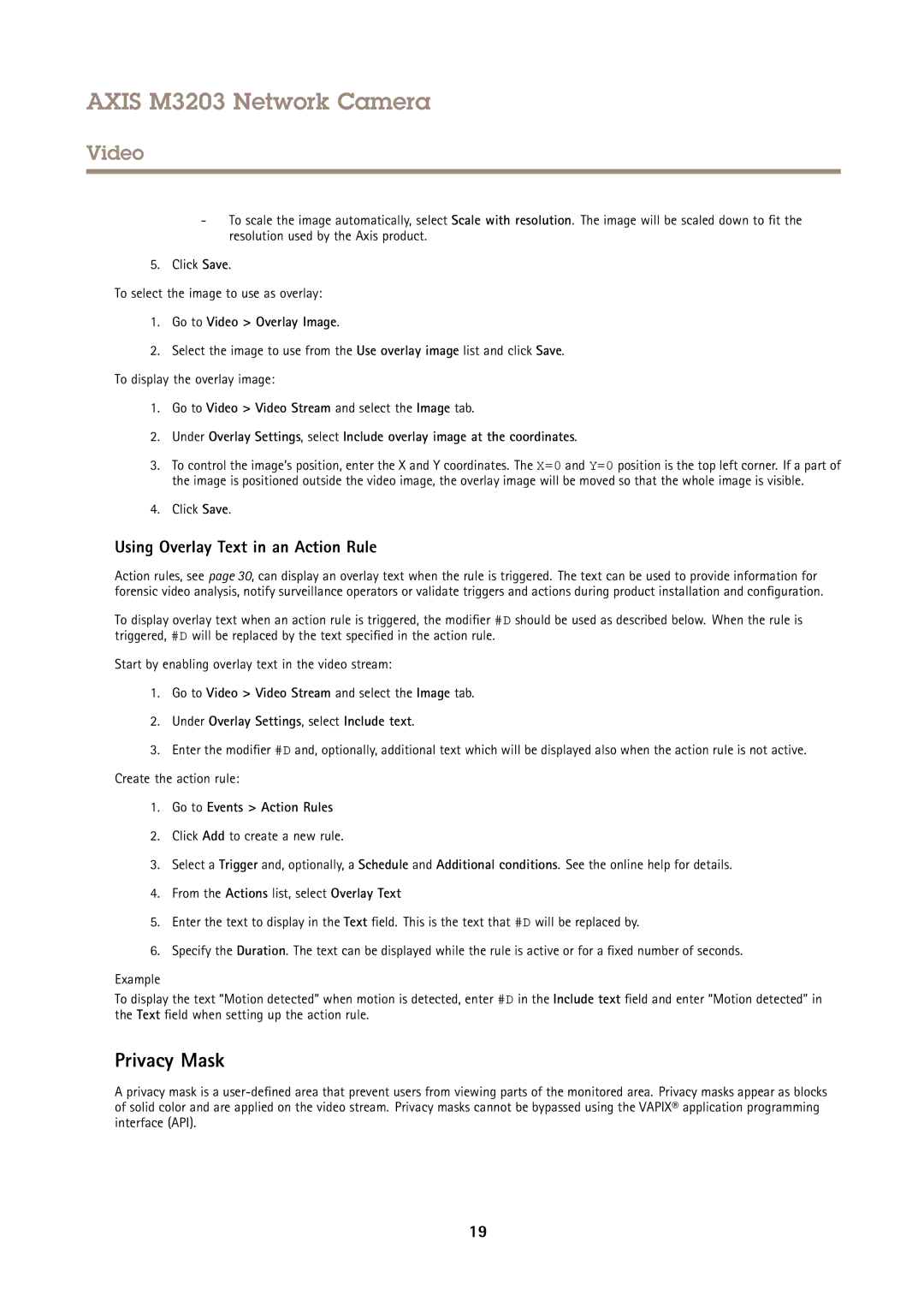 Axis Communications M3203 user manual Privacy Mask, Using Overlay Text in an Action Rule, Go to Events Action Rules 