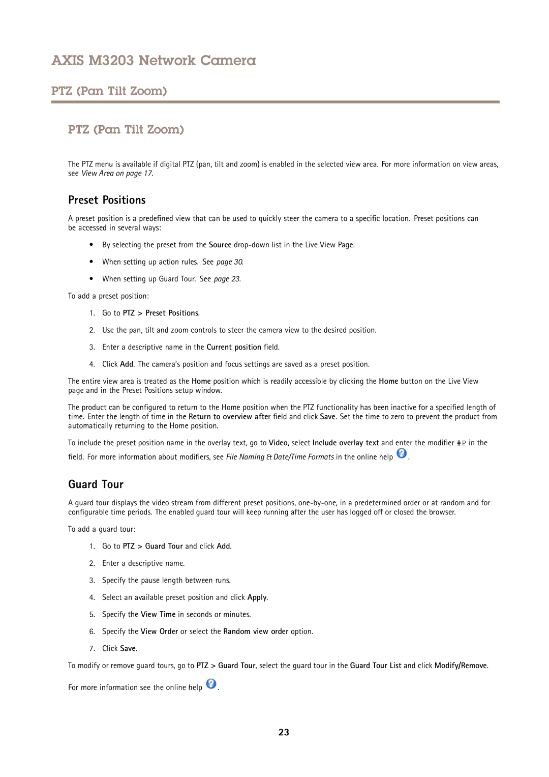 Axis Communications M3203 user manual PTZ Pan Tilt Zoom, Guard Tour, Go to PTZ Preset Positions 