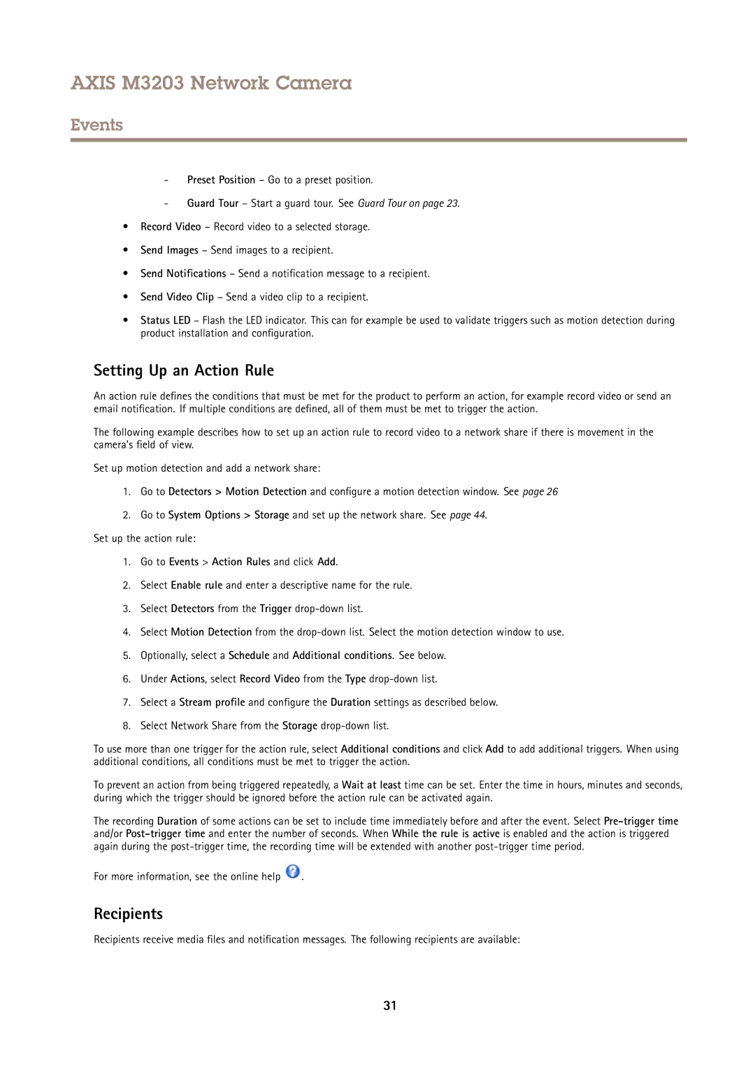 Axis Communications M3203 user manual Setting Up an Action Rule, Recipients, Go to Events Action Rules and click Add 