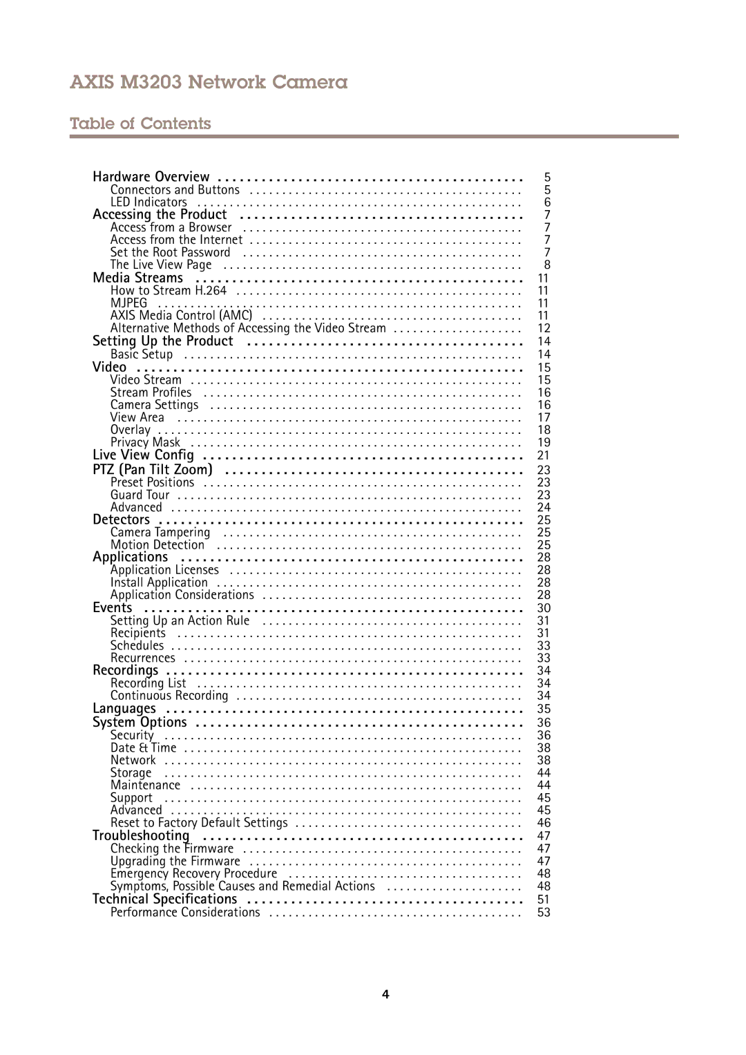 Axis Communications user manual Axis M3203 Network Camera, Table of Contents 