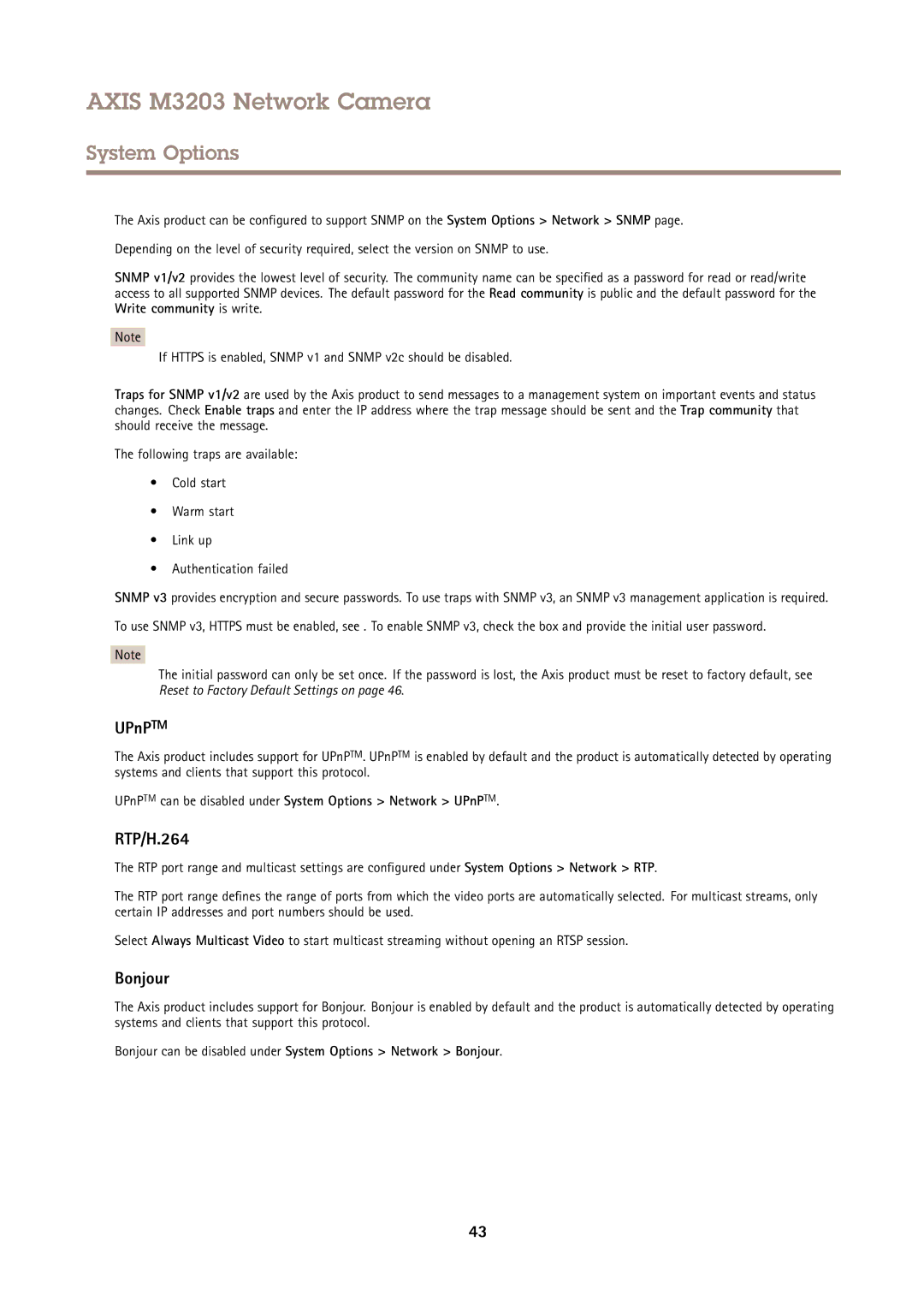 Axis Communications M3203 user manual RTP/H.264, Bonjour, UPnPTM can be disabled under System Options Network UPnPTM 