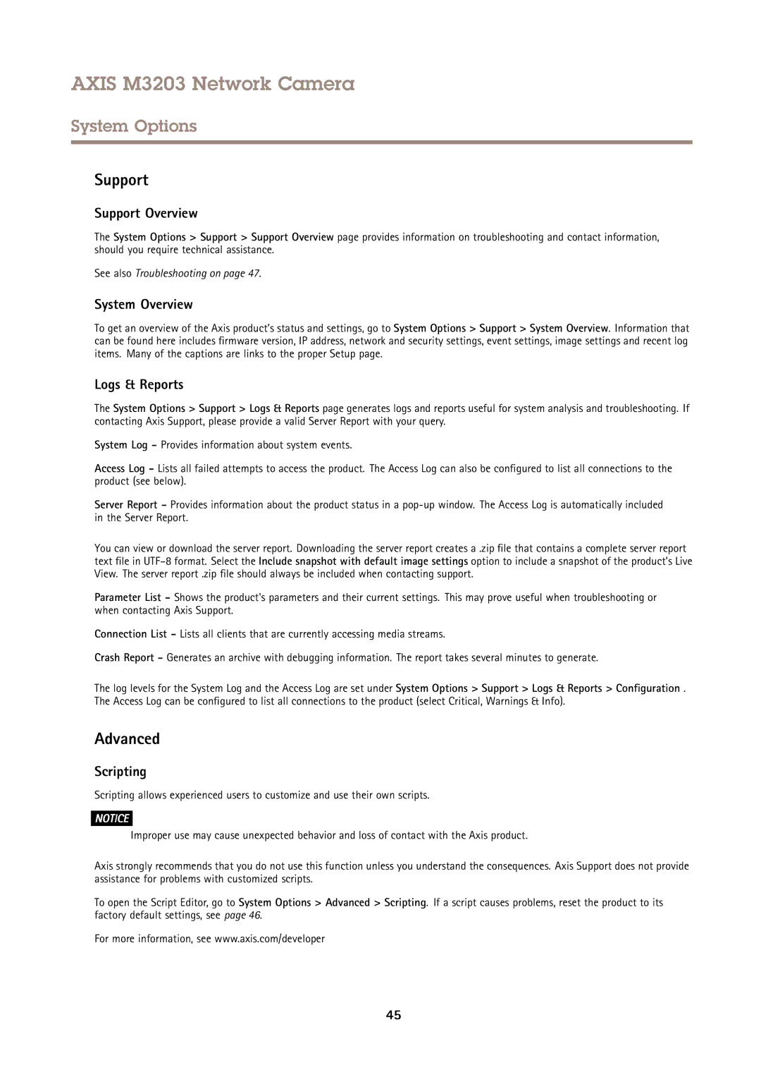 Axis Communications M3203 user manual Support Overview, System Overview, Logs & Reports, Scripting 