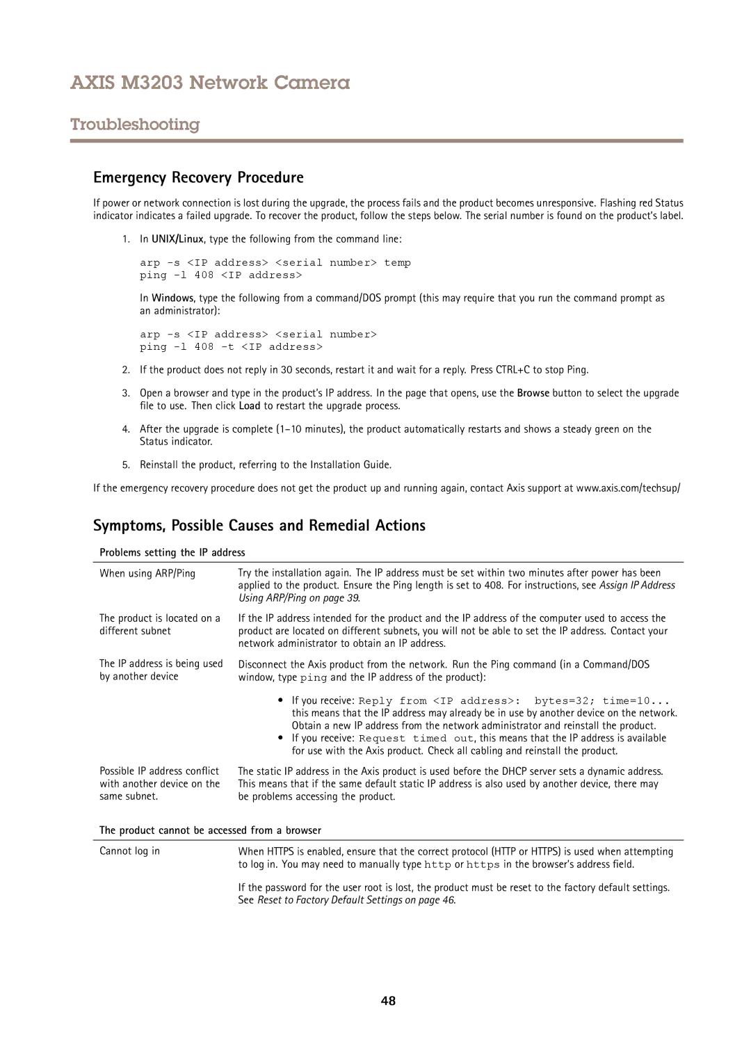 Axis Communications M3203 user manual Emergency Recovery Procedure, Symptoms, Possible Causes and Remedial Actions 