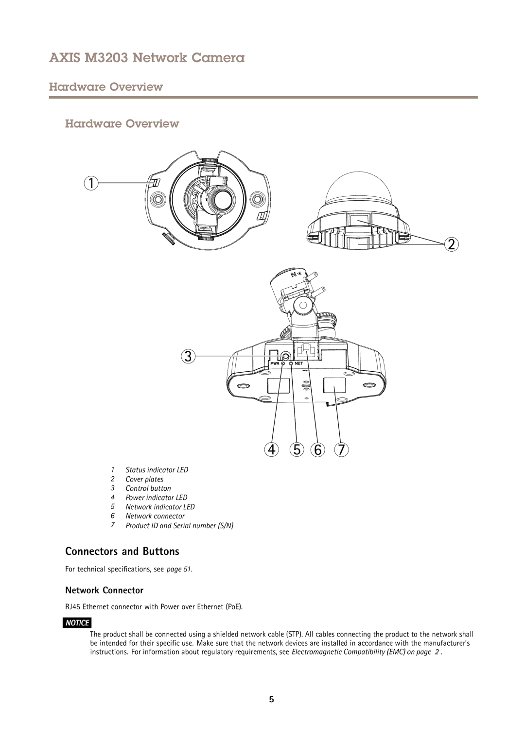 Axis Communications M3203 Hardware Overview, Connectors and Buttons, Network Connector, For technical specifications, see 