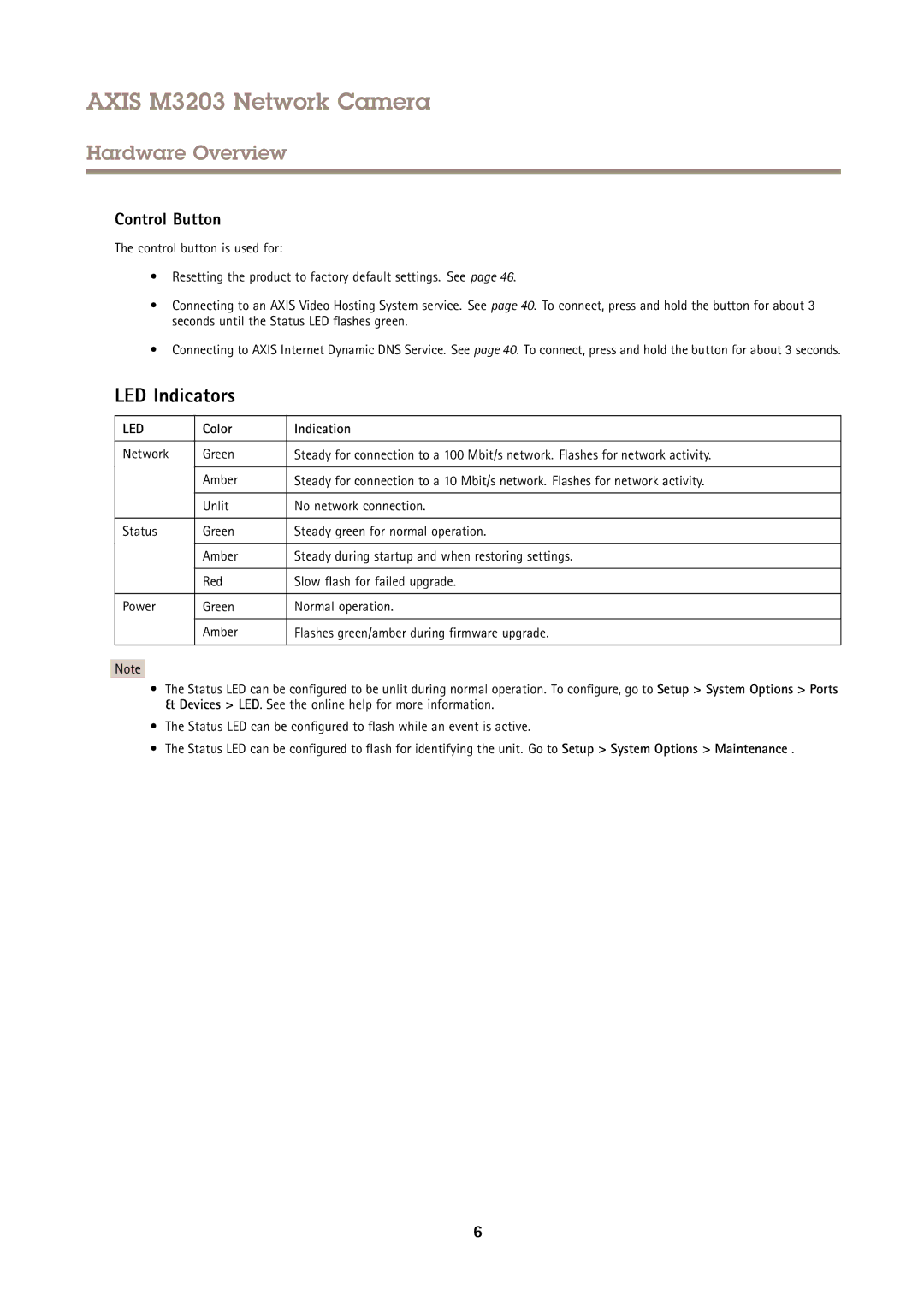 Axis Communications M3203 user manual LED Indicators, Control Button, Color Indication 