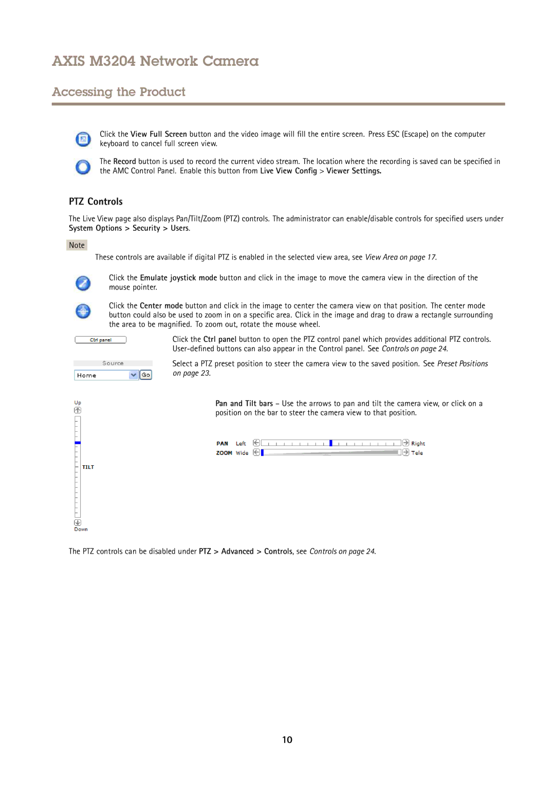 Axis Communications M3204 user manual PTZ Controls 