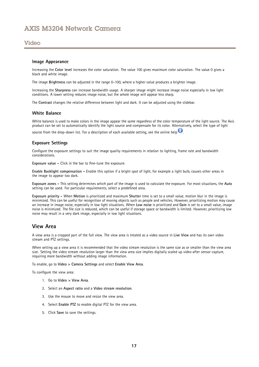 Axis Communications M3204 View Area, Image Appearance, White Balance, Exposure Settings, To configure the view area 