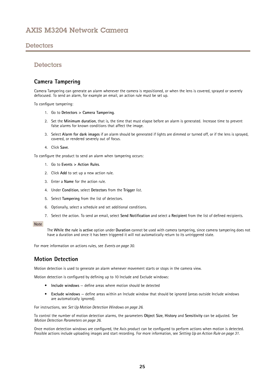 Axis Communications M3204 user manual Motion Detection, Go to Detectors Camera Tampering 