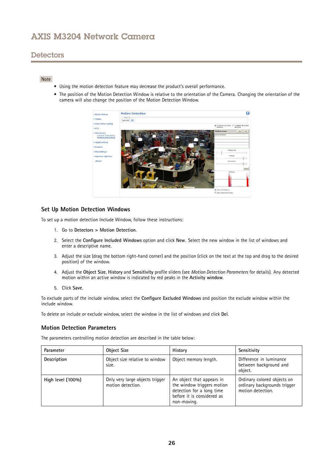 Axis Communications M3204 Set Up Motion Detection Windows, Motion Detection Parameters, Go to Detectors Motion Detection 