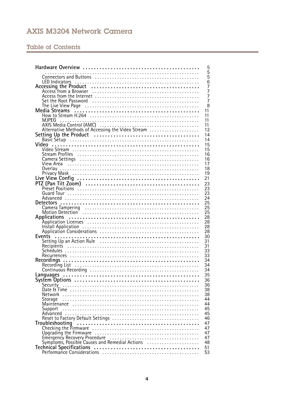 Axis Communications user manual Axis M3204 Network Camera, Table of Contents 