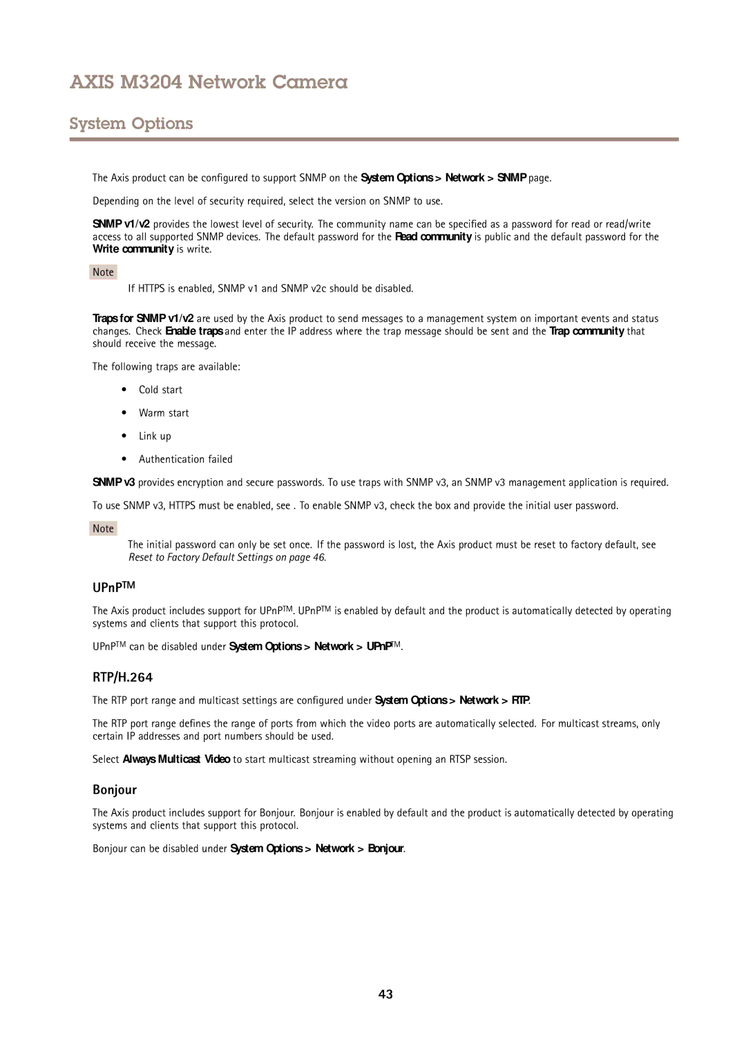 Axis Communications M3204 user manual RTP/H.264, Bonjour, UPnPTM can be disabled under System Options Network UPnPTM 