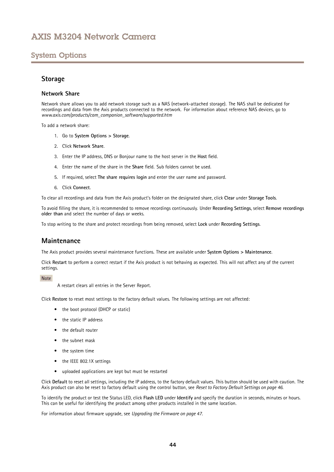 Axis Communications M3204 user manual Storage, Maintenance, Network Share, To add a network share 