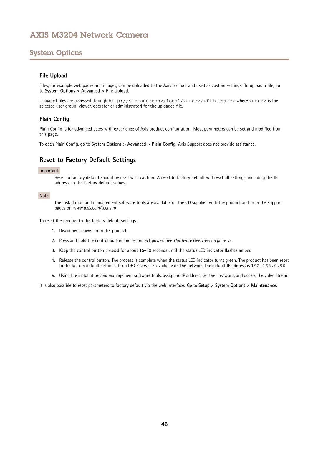 Axis Communications M3204 user manual Reset to Factory Default Settings, File Upload, Plain Config 