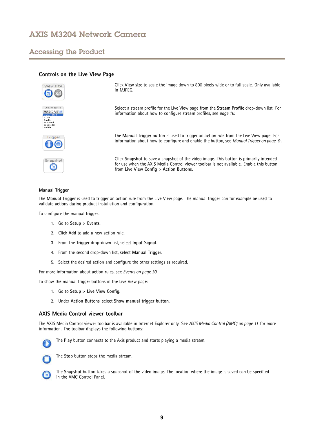 Axis Communications M3204 Controls on the Live View, Axis Media Control viewer toolbar, Manual Trigger, Go to Setup Events 