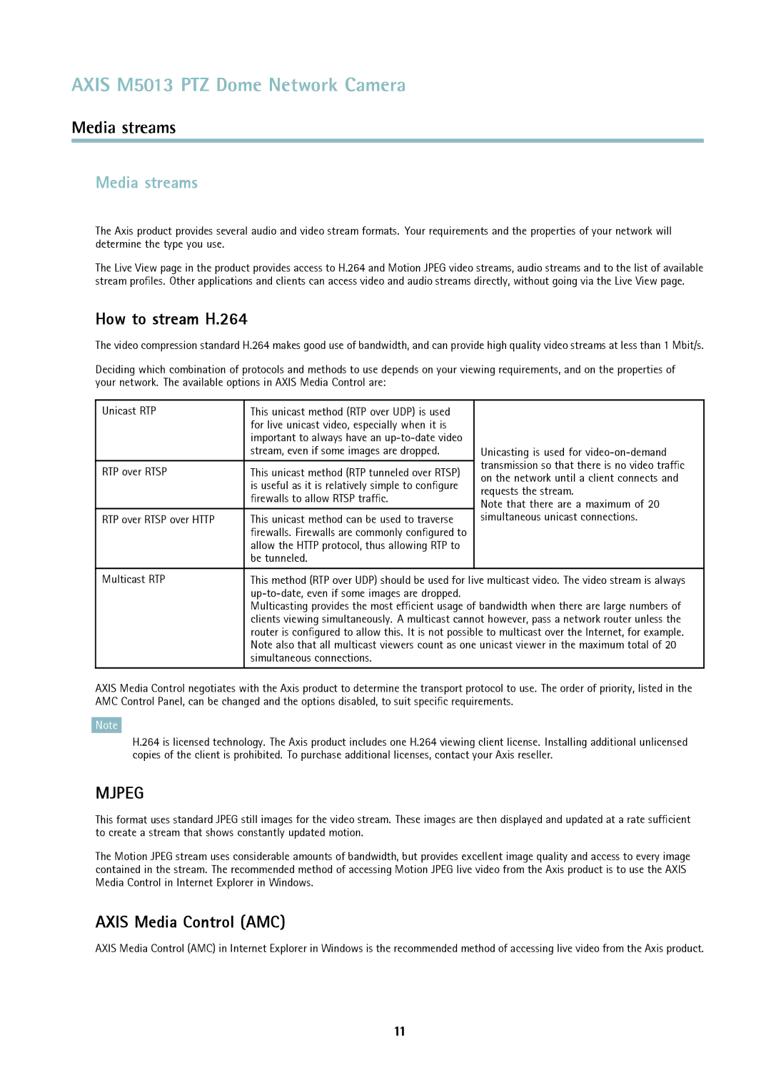 Axis Communications M5013 user manual Media streams, How to stream H.264, Axis Media Control AMC 