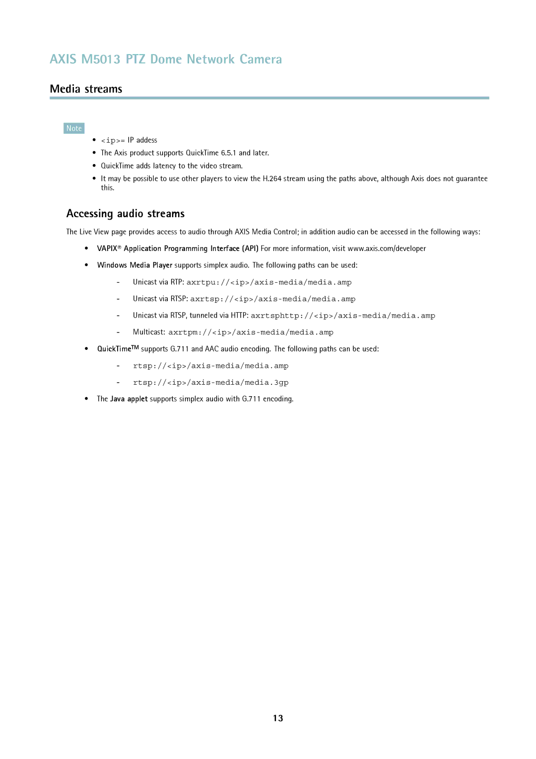 Axis Communications M5013 user manual Accessing audio streams 