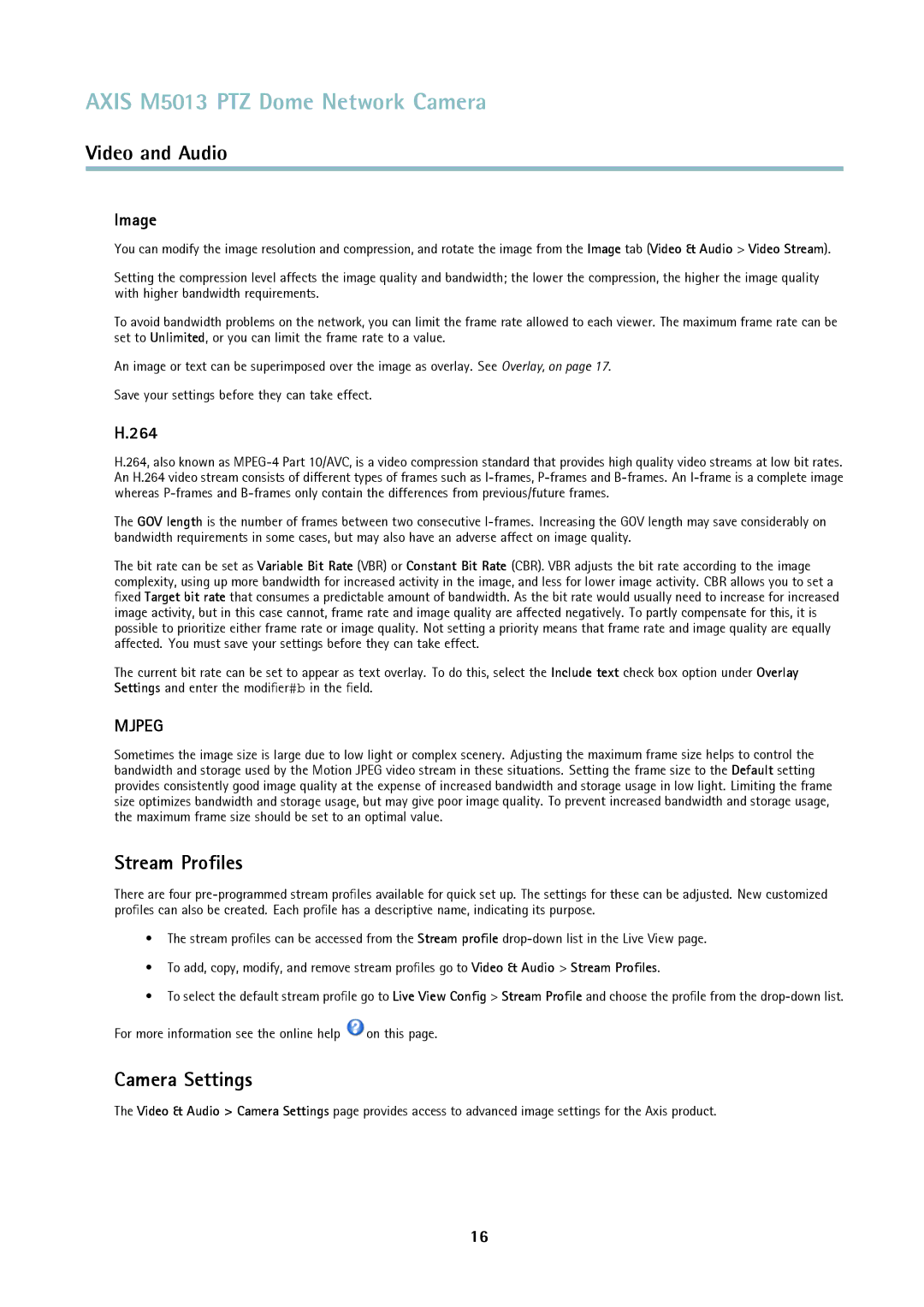 Axis Communications M5013 user manual Stream Proﬁles, Camera Settings, Image, 264 