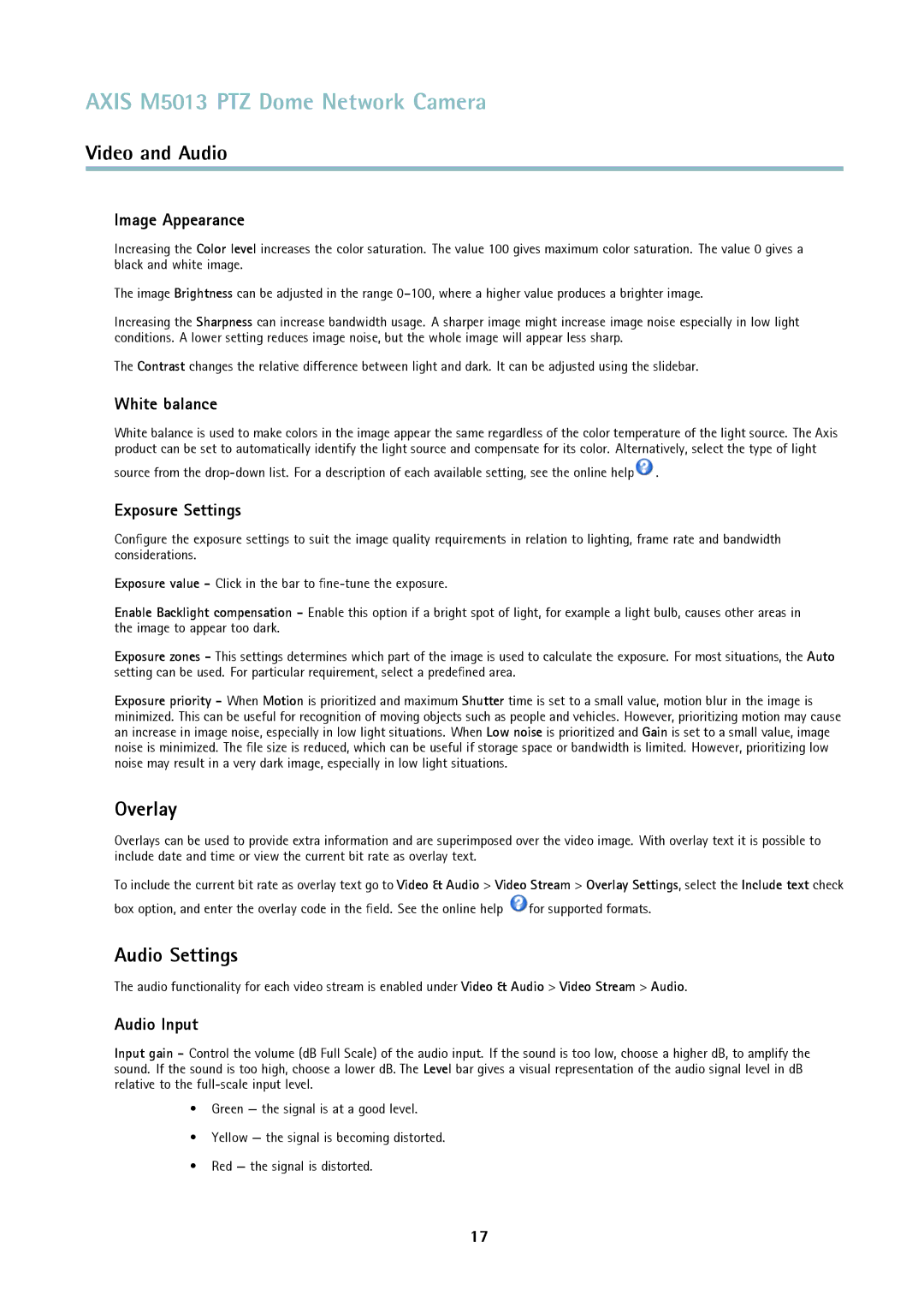 Axis Communications M5013 user manual Overlay, Audio Settings 