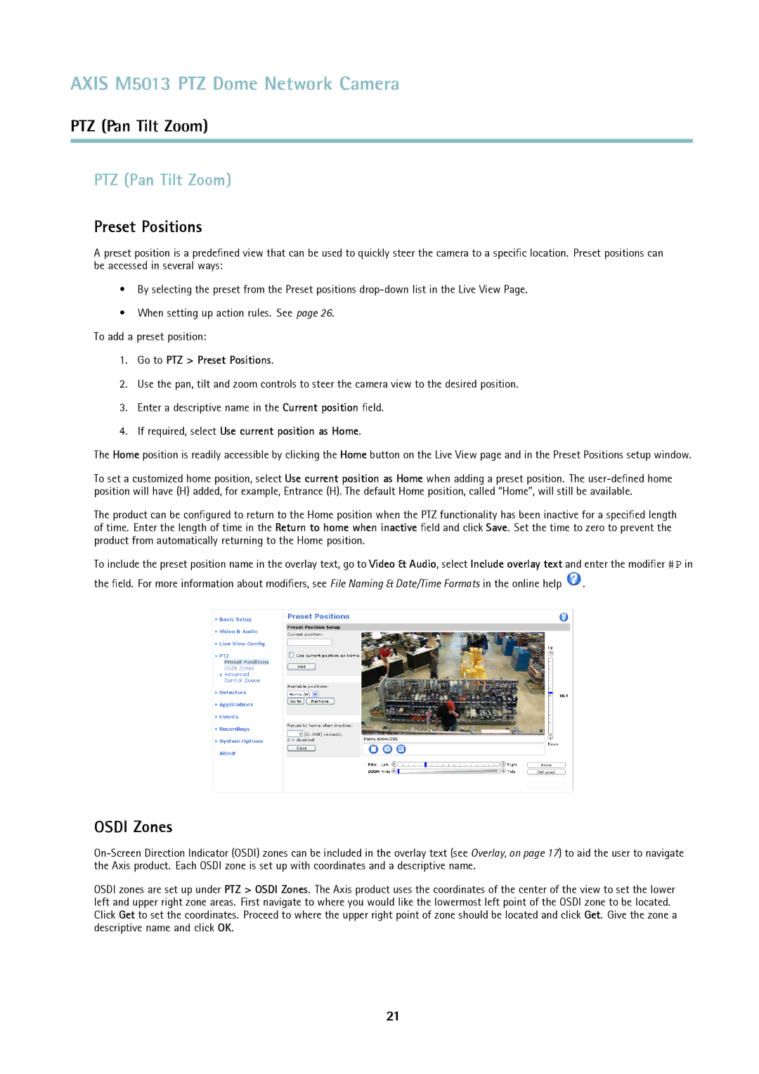 Axis Communications M5013 user manual PTZ Pan Tilt Zoom, Preset Positions, Osdi Zones 