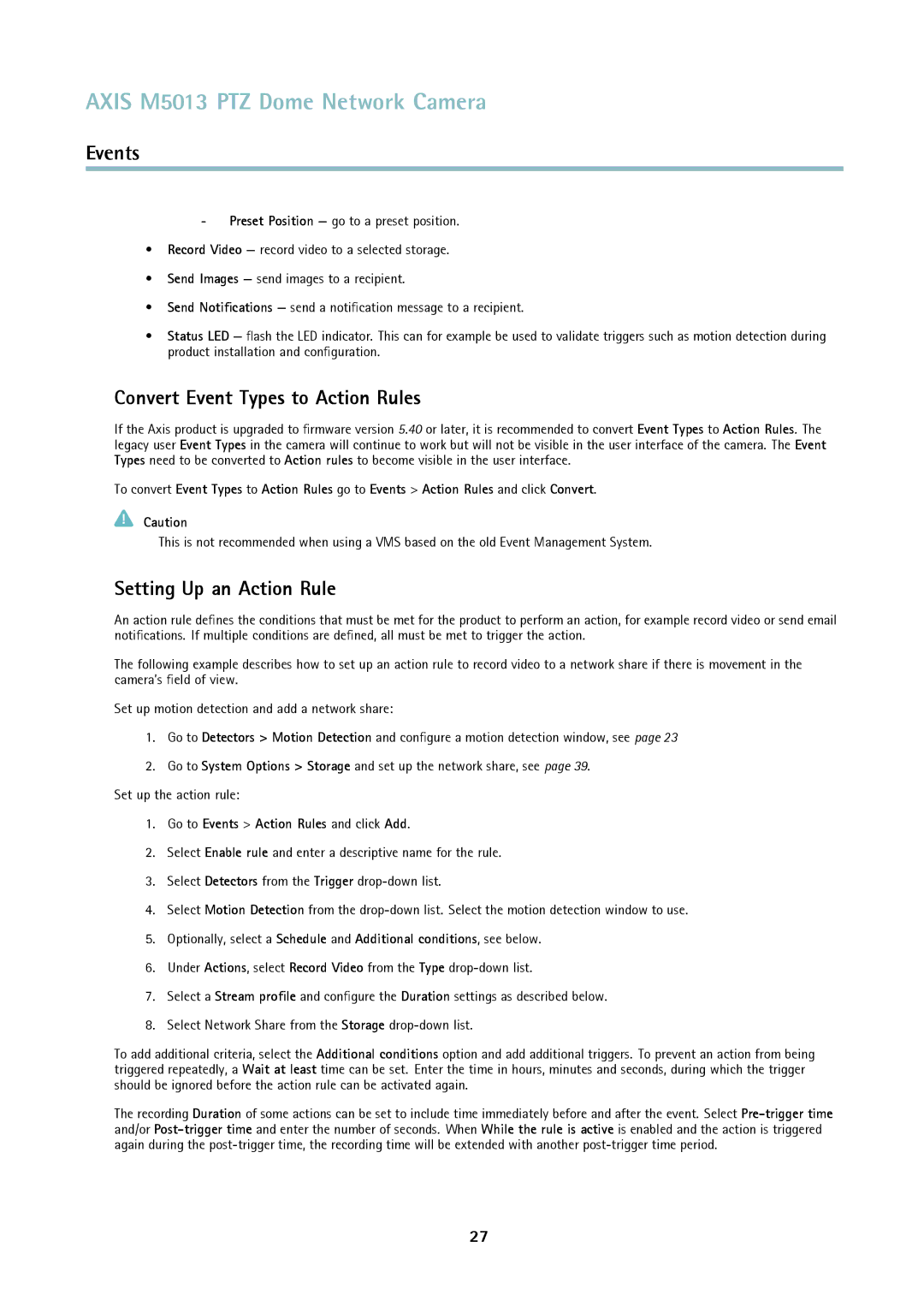 Axis Communications M5013 user manual Convert Event Types to Action Rules, Setting Up an Action Rule 