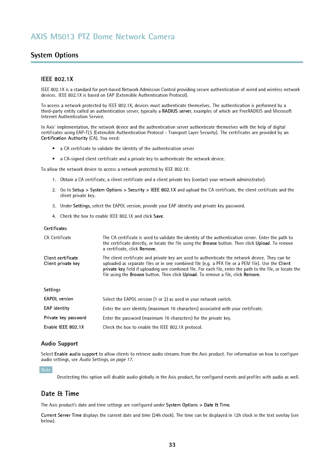 Axis Communications M5013 user manual Date & Time, Ieee, Audio Support 