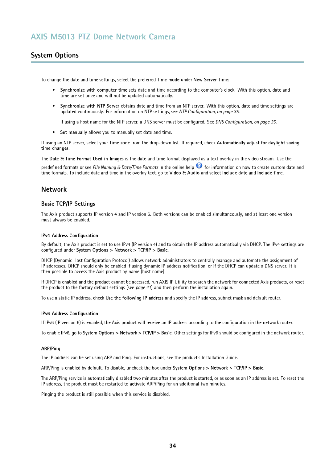 Axis Communications M5013 Network, Basic TCP/IP Settings, IPv4 Address Conﬁguration, IPv6 Address Conﬁguration, ARP/Ping 