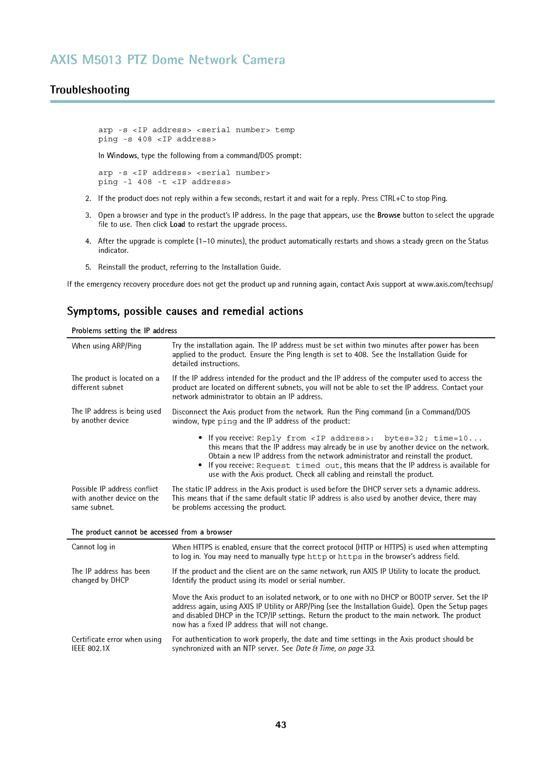 Axis Communications M5013 user manual Symptoms, possible causes and remedial actions, Problems setting the IP address 