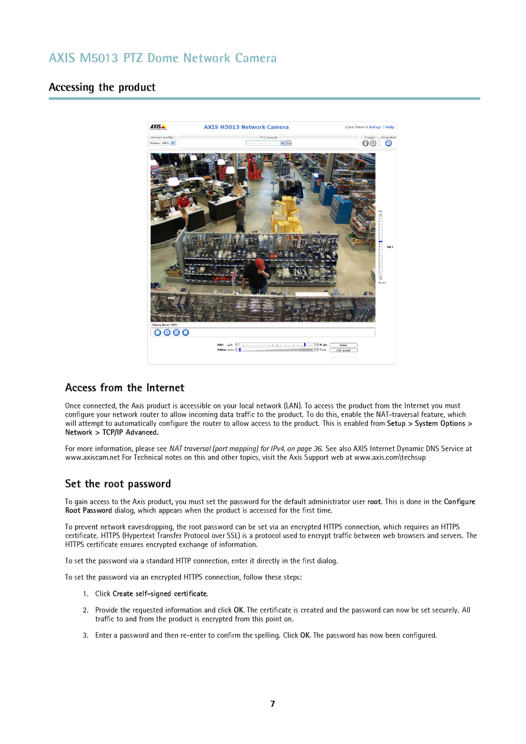 Axis Communications M5013 user manual Access from the Internet, Set the root password, Network TCP/IP Advanced 