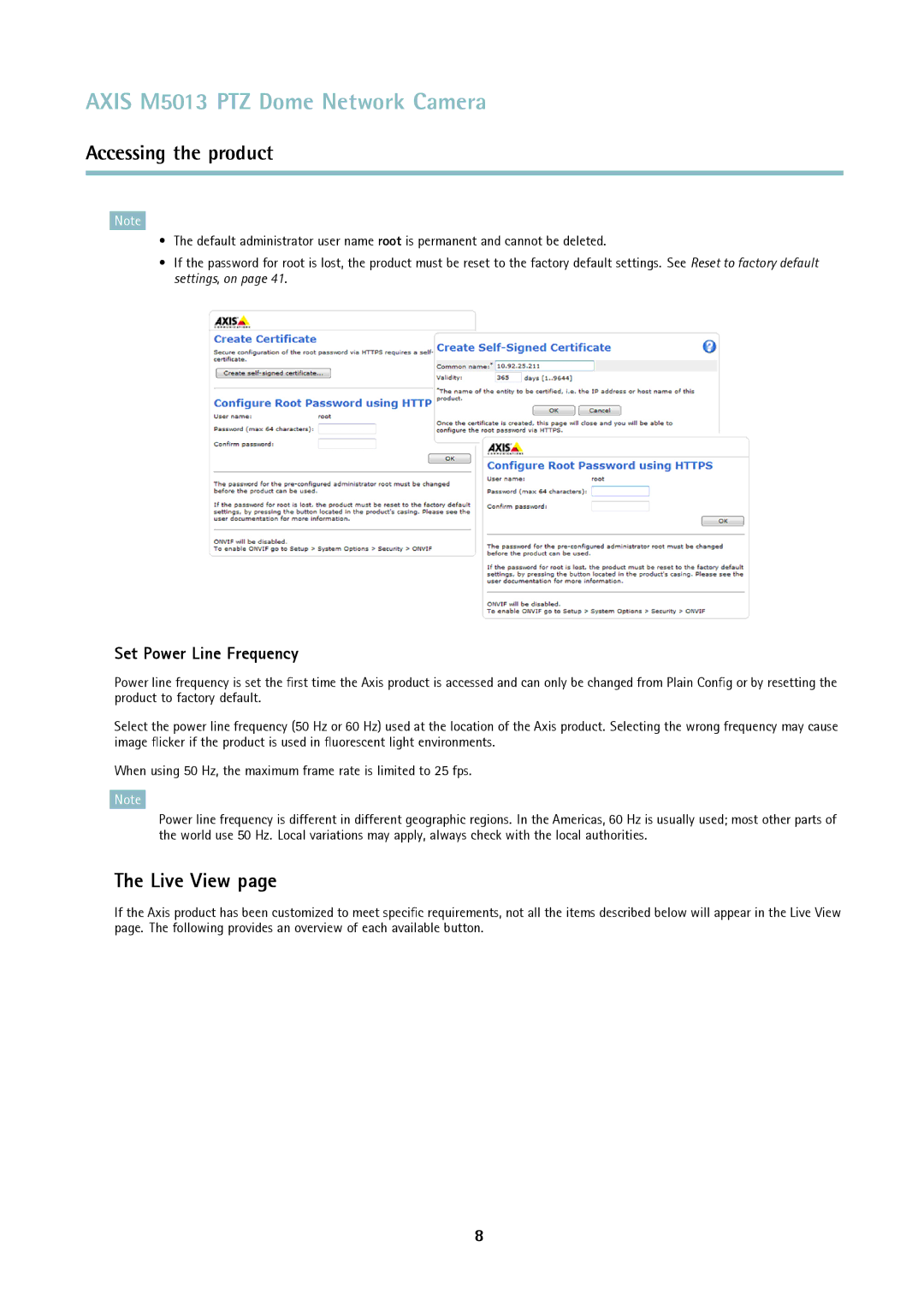 Axis Communications M5013 user manual Live View, Set Power Line Frequency 