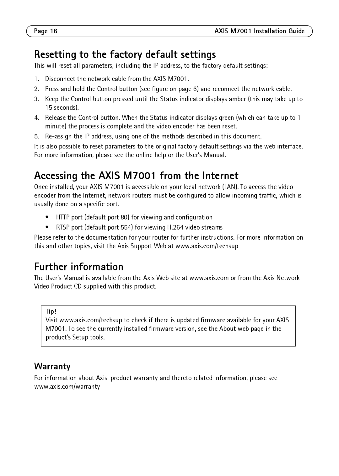 Axis Communications Resetting to the factory default settings, Accessing the Axis M7001 from the Internet, Warranty 