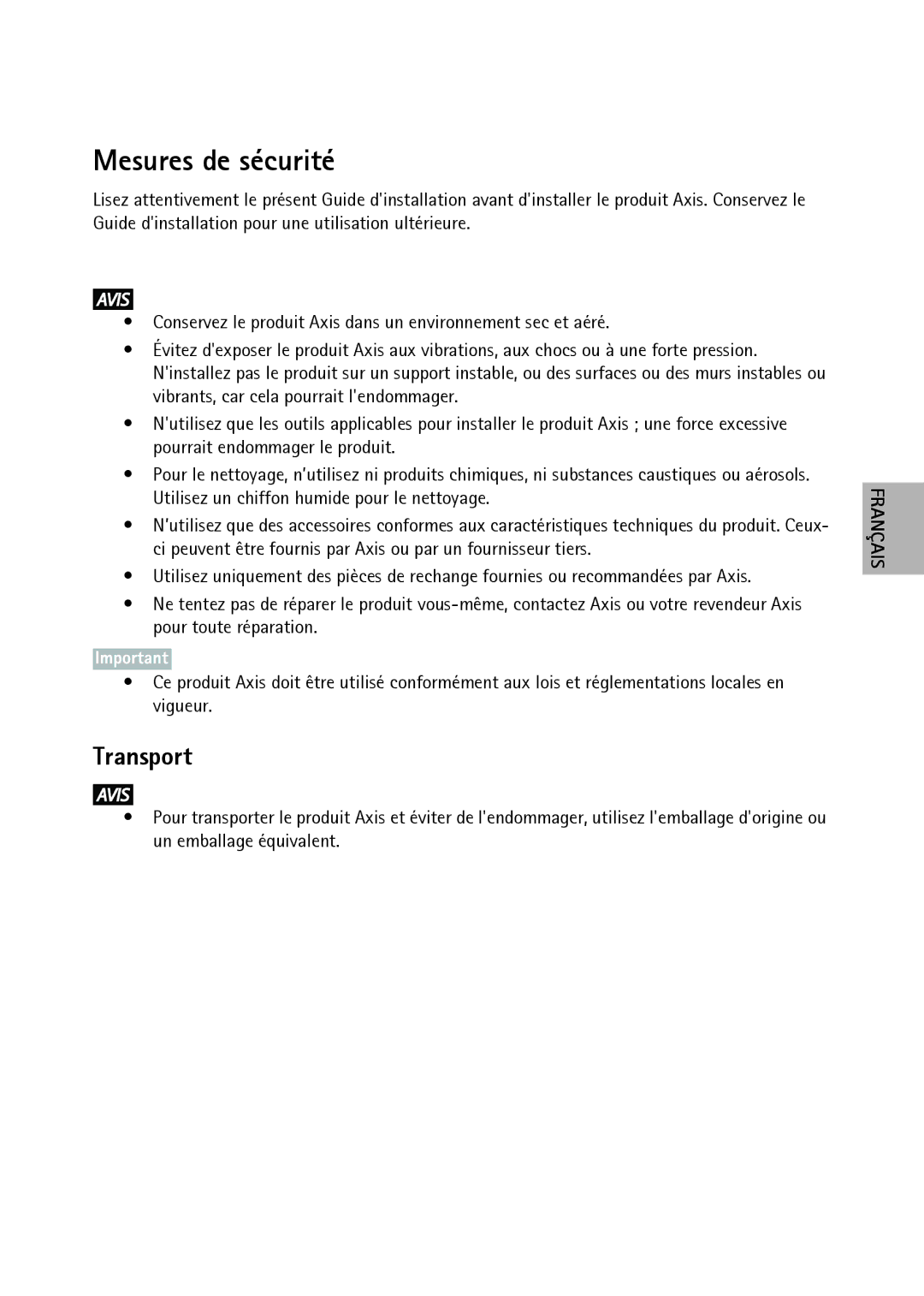 Axis Communications M7001 manual Mesures de sécurité, Transport 