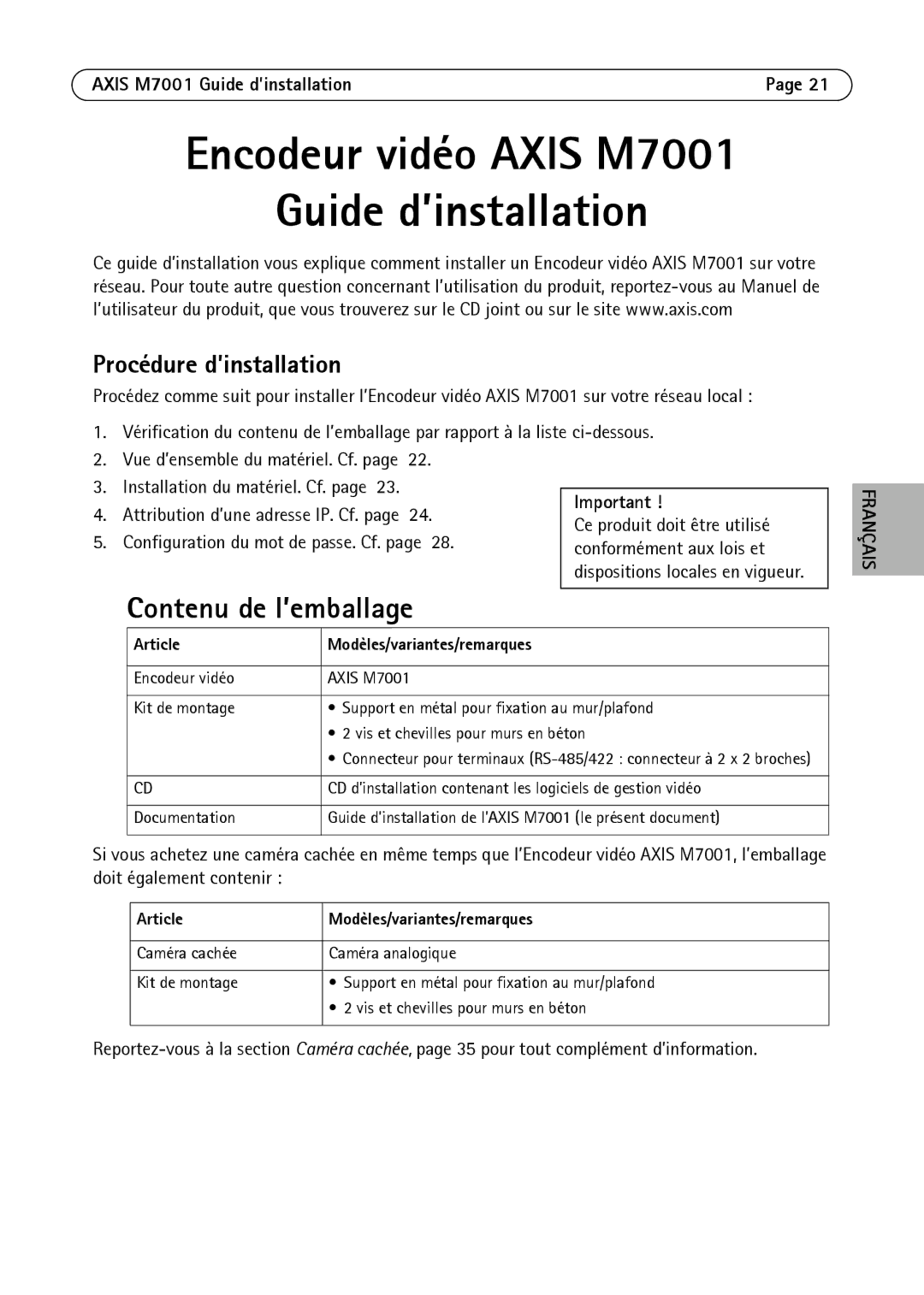 Axis Communications M7001 manual Contenu de l’emballage, Procédure d’installation, Article Modèles/variantes/remarques 