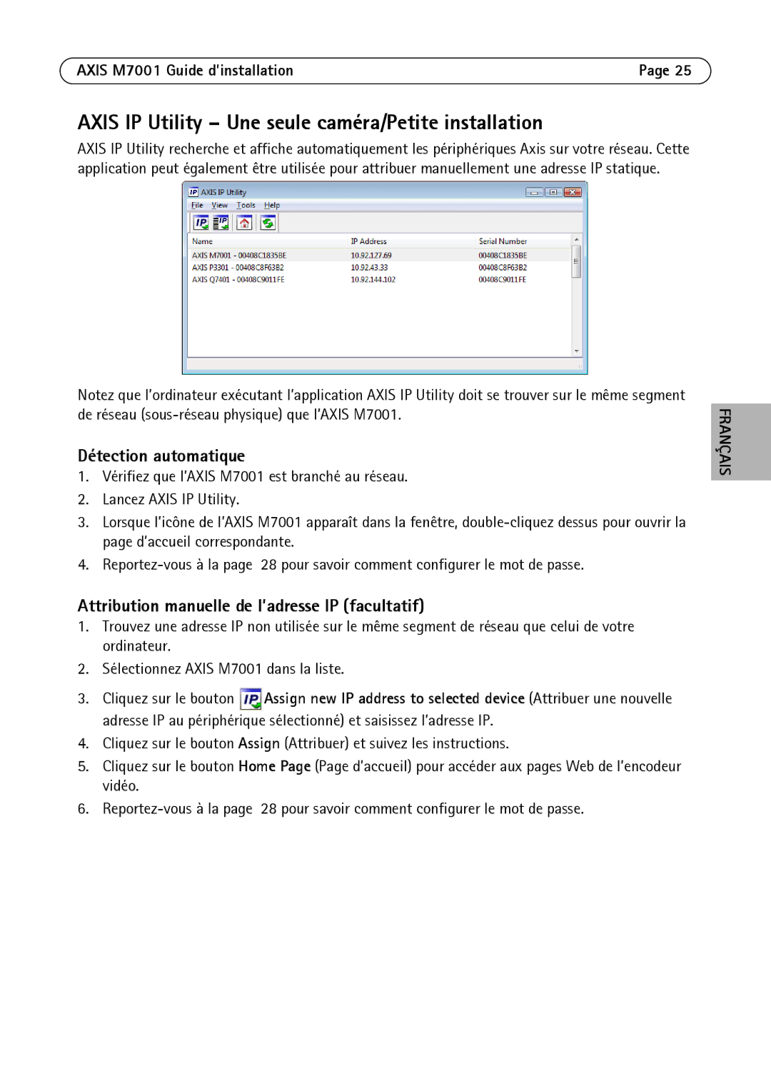 Axis Communications M7001 manual Axis IP Utility Une seule caméra/Petite installation, Détection automatique 