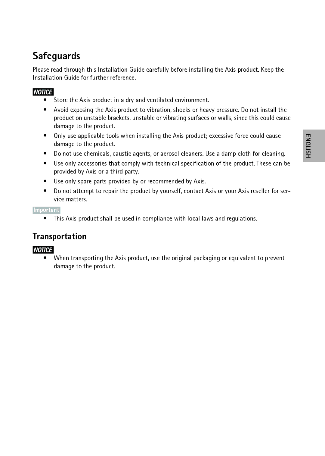 Axis Communications M7001 manual Safeguards, Transportation 