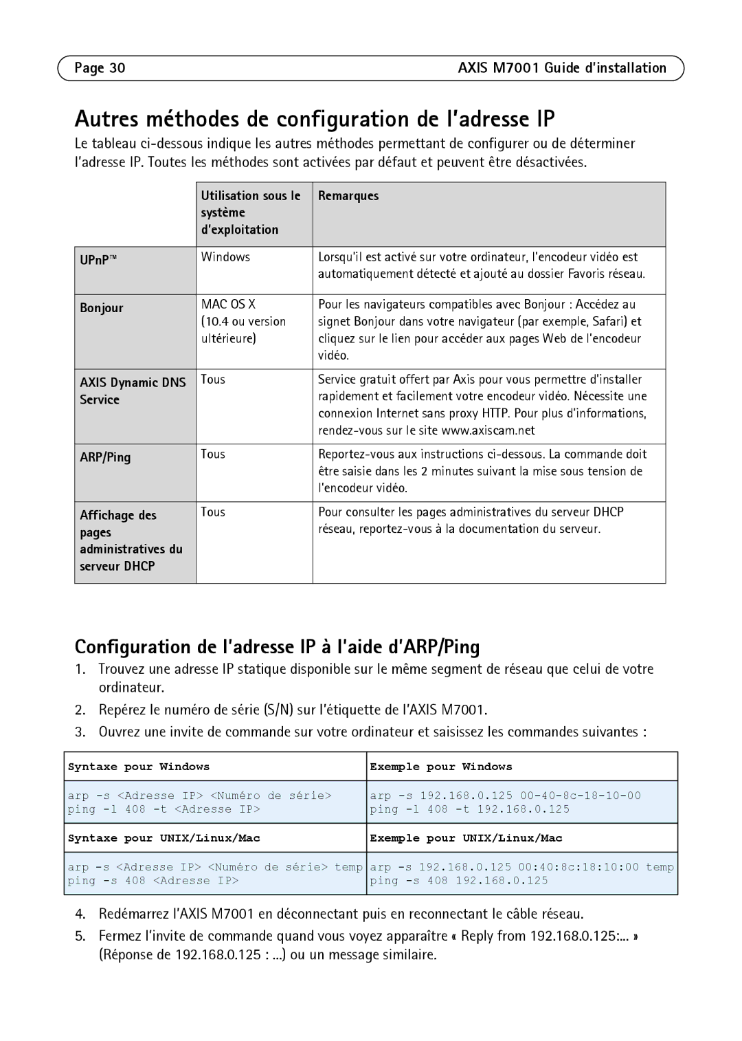 Axis Communications M7001 manual Autres méthodes de configuration de l’adresse IP 