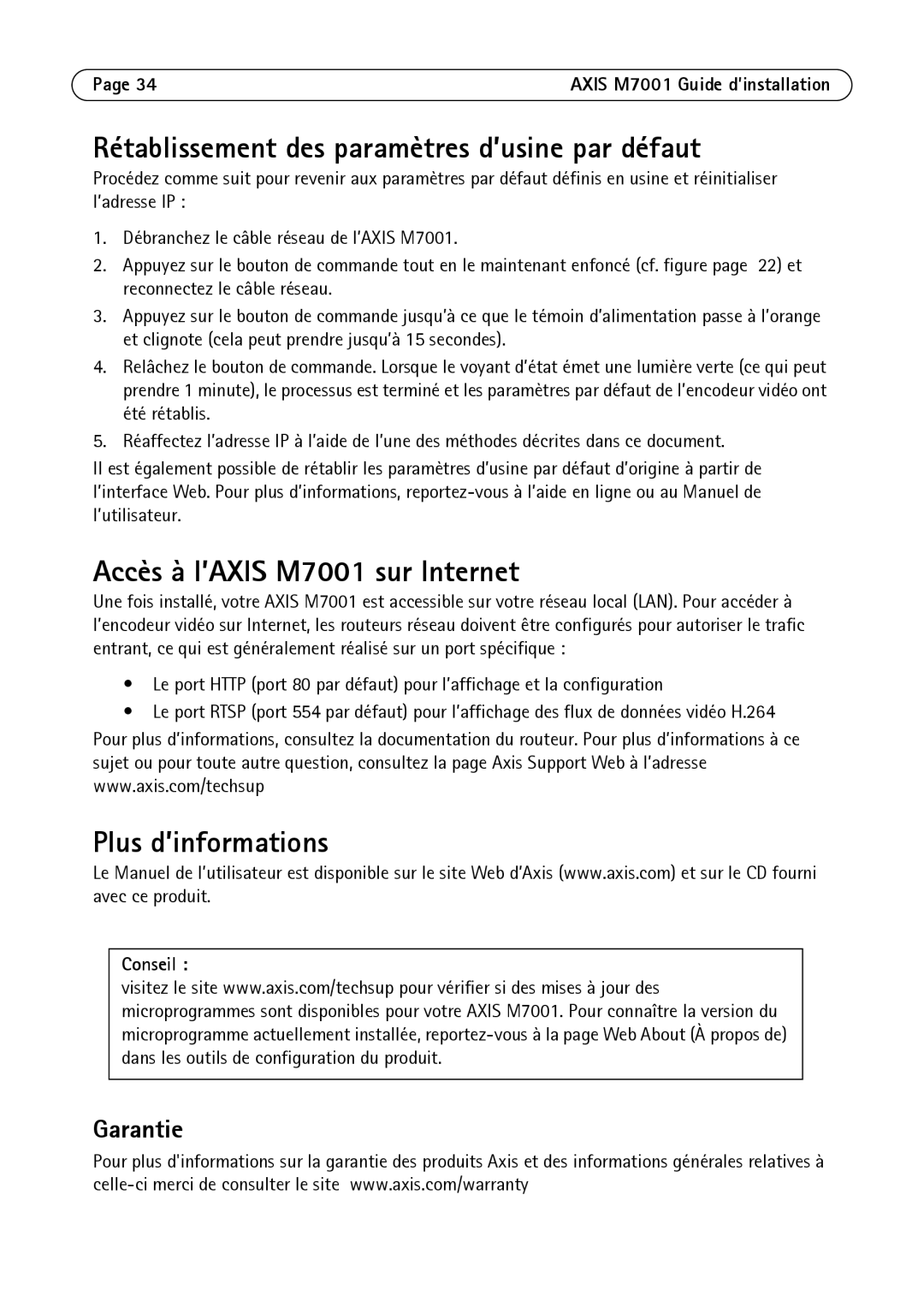 Axis Communications manual Rétablissement des paramètres d’usine par défaut, Accès à l’AXIS M7001 sur Internet, Garantie 