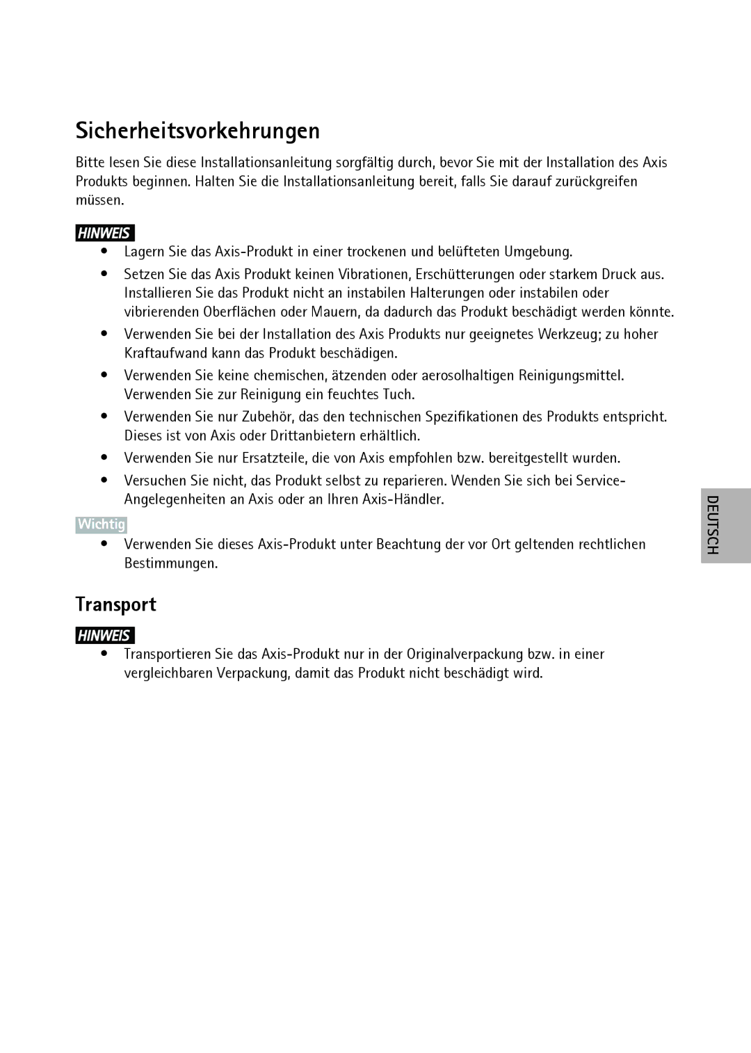 Axis Communications M7001 manual Sicherheitsvorkehrungen, Transport 