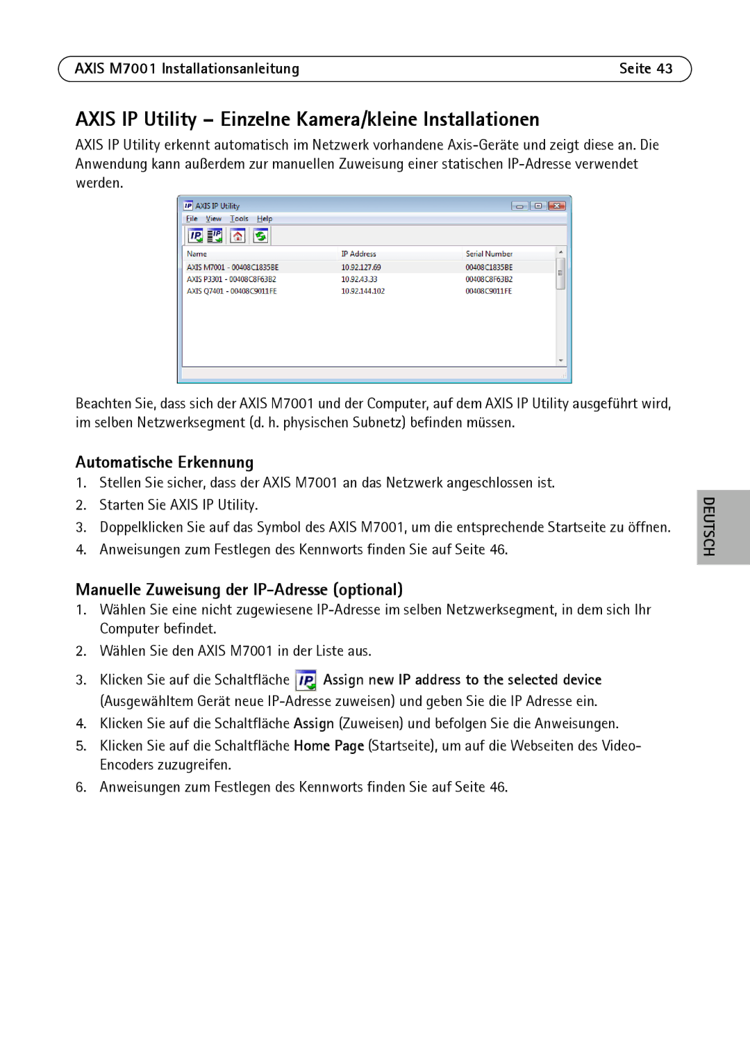 Axis Communications M7001 manual Axis IP Utility Einzelne Kamera/kleine Installationen, Automatische Erkennung 