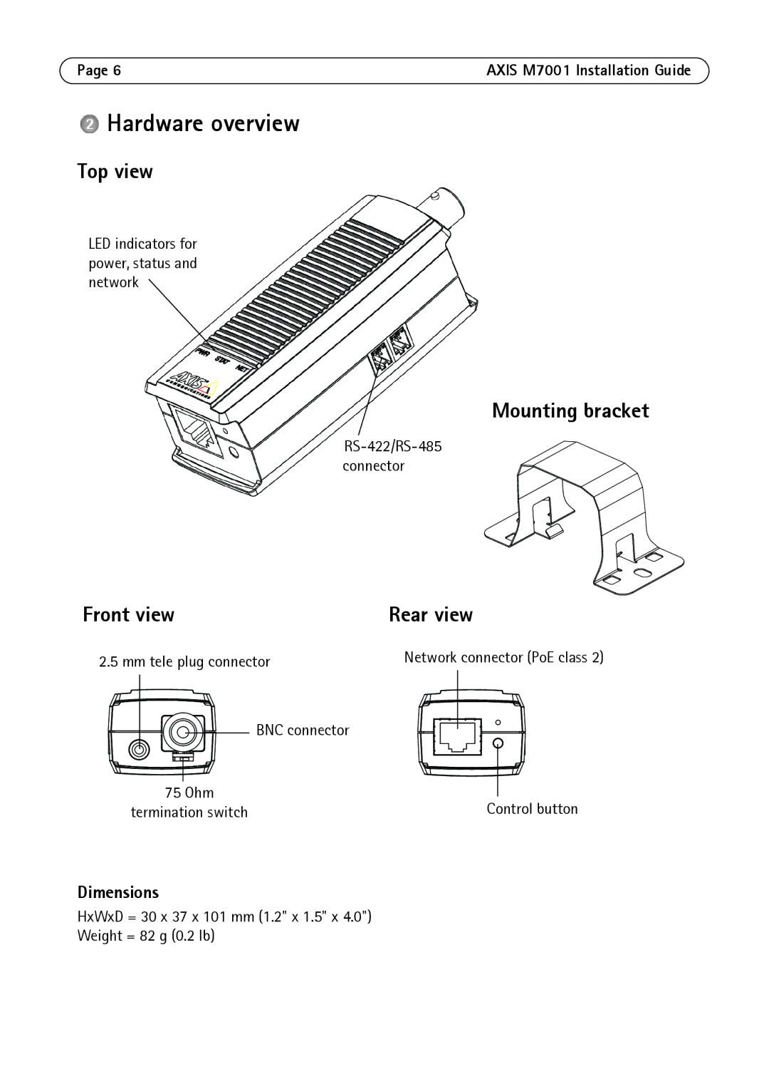 Axis Communications M7001 manual Hardware overview, Top view, Mounting bracket, Front view Rear view, Dimensions 