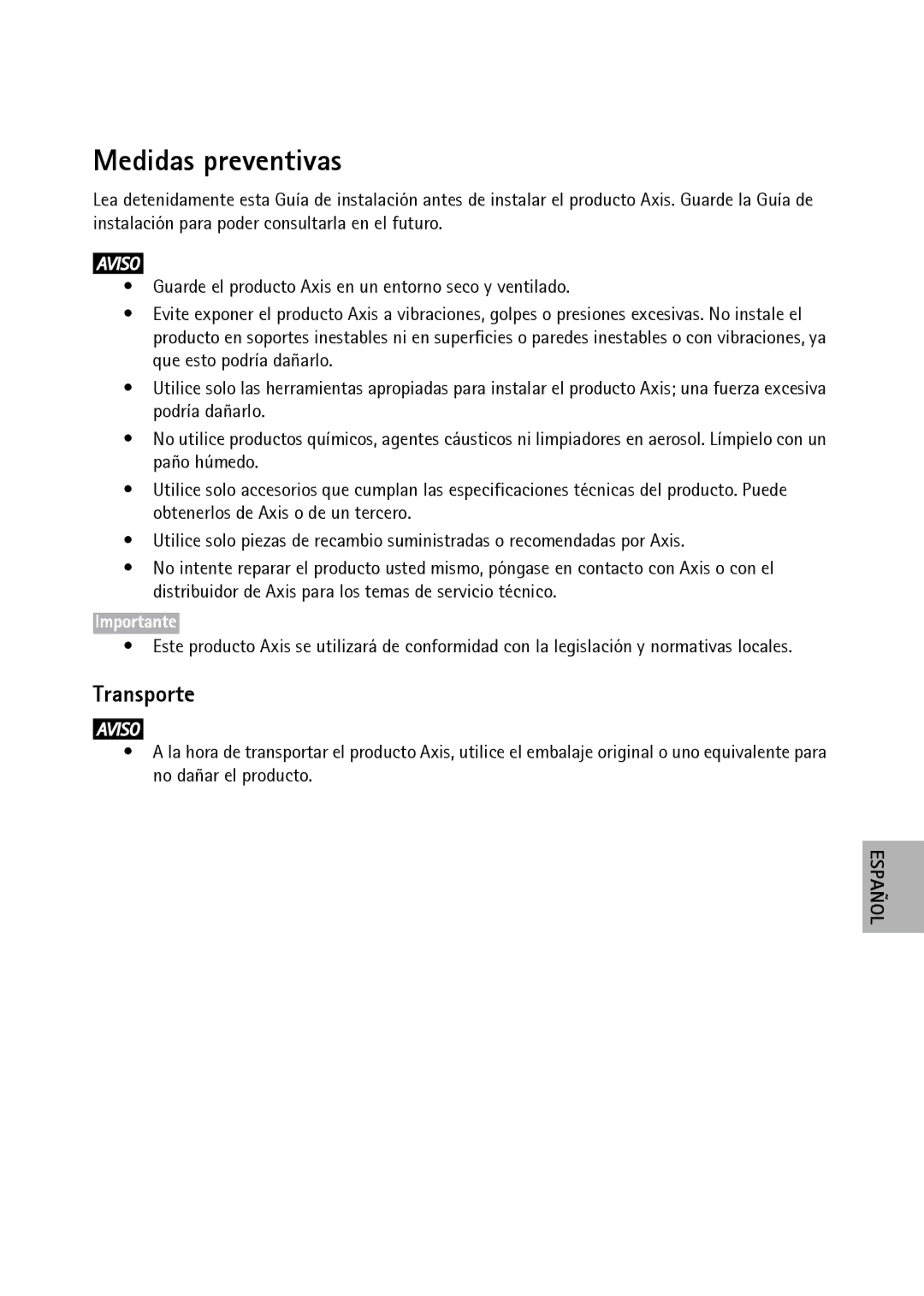 Axis Communications M7001 manual Medidas preventivas, Transporte 