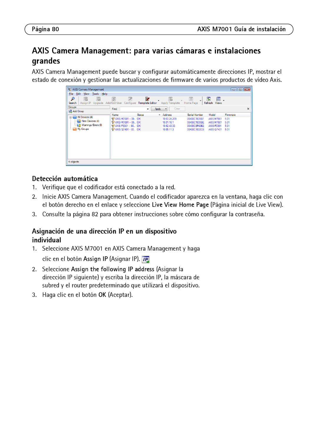 Axis Communications M7001 manual Asignación de una dirección IP en un dispositivo individual 