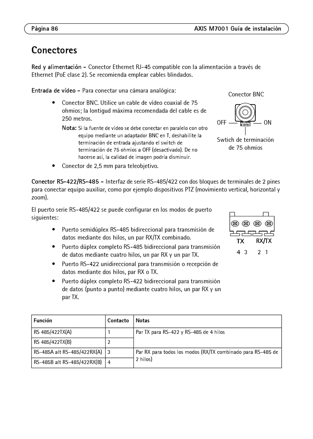 Axis Communications M7001 manual Conectores, Función Contacto Notas 