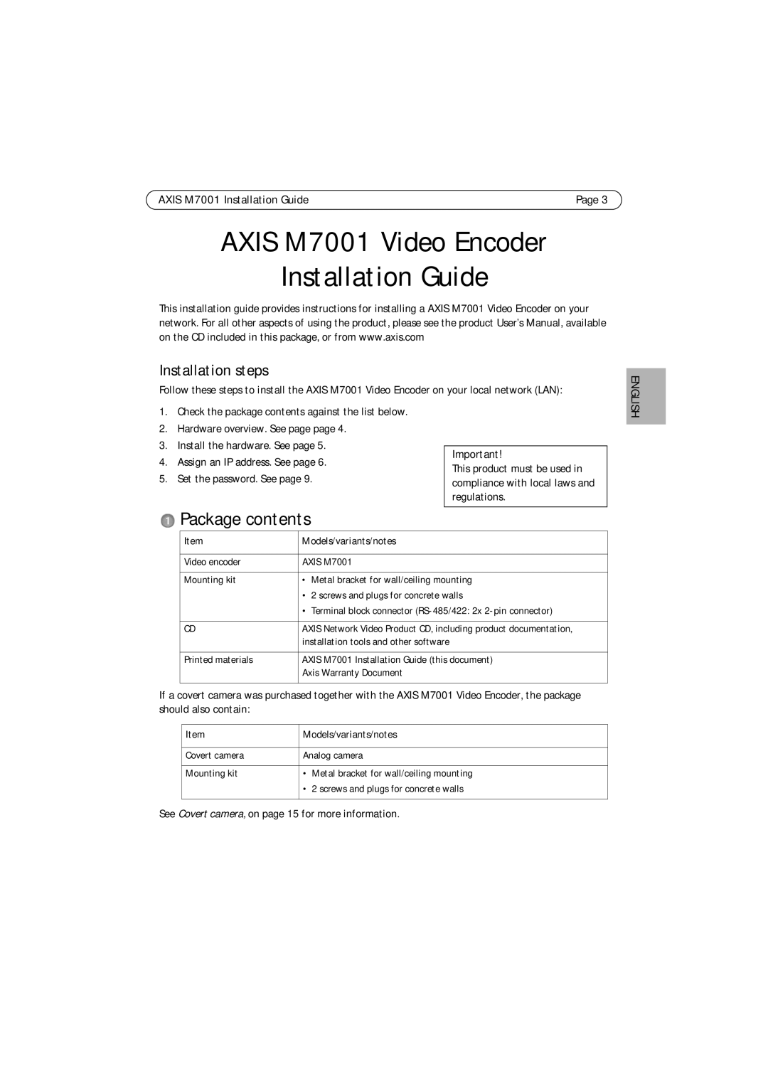 Axis Communications manual Axis M7001 Video Encoder Installation Guide, Package contents 