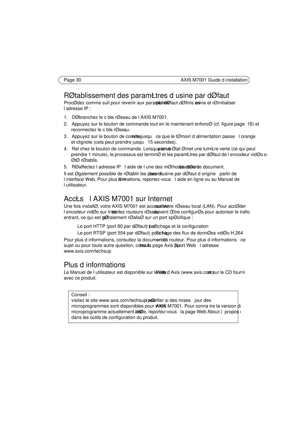 Axis Communications manual Rétablissement des paramètres d’usine par défaut, Accès à l’AXIS M7001 sur Internet 